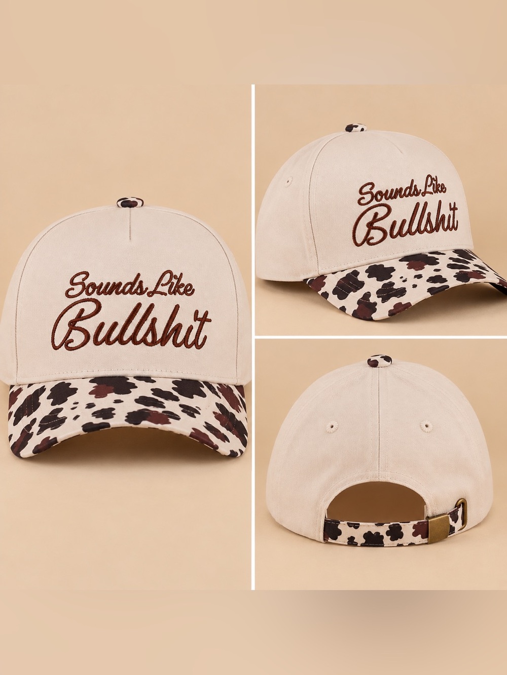 Zenana Sounds Like Bullsh*t Novekty Baseball Hat Cow Print